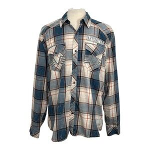 Affliction Black Premium Mens 2XL Large Long Sleeve Blue Plaid Shirt Pearl Snaps